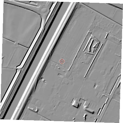 Shaded relief map of the ground around PE129YA, computed from Environment Agency LiDAR. The ground here sits at about 2 m above sea level and falls 9 m across the surrounding 800 m. Surface water reaching this point runs off ground lying to the west, 6.2 m higher.
