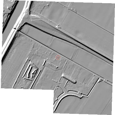 Shaded relief map of the ground around PE129YF, computed from Environment Agency LiDAR. The ground here sits at about 2 m above sea level and falls 10 m across the surrounding 800 m. Surface water reaching this point runs off ground lying to the south, 3.9 m higher.