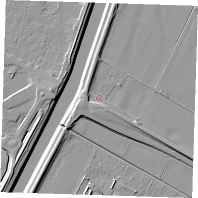 Shaded relief map of the ground around PE129YN, computed from Environment Agency LiDAR. The ground here sits at about 4 m above sea level and falls 10 m across the surrounding 800 m. Surface water reaching this point runs off ground lying to the south-east, 5.8 m higher.