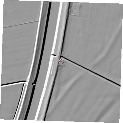 Shaded relief map of the ground around PE129YS, computed from Environment Agency LiDAR. The ground here sits at about 4 m above sea level and falls 9 m across the surrounding 800 m. Surface water reaching this point runs off ground lying to the north-north-west, 6.8 m higher.