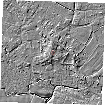 Shaded relief map of the ground around PE129YY, computed from Environment Agency LiDAR. The ground here sits at about 4 m above sea level and falls 5 m across the surrounding 800 m. Surface water reaching this point runs off ground lying to the south-west, 1.1 m higher.