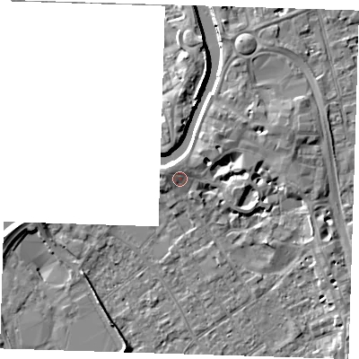 Shaded relief map of the ground around PE131AF, computed from Environment Agency LiDAR. The ground here sits at about 5 m above sea level and falls 7 m across the surrounding 800 m. Surface water reaching this point runs off ground lying to the north-north-west, 2.1 m higher.