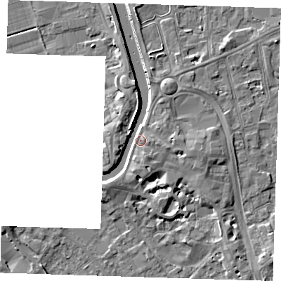 Shaded relief map of the ground around PE131AQ, computed from Environment Agency LiDAR. The ground here sits at about 6 m above sea level and falls 8 m across the surrounding 800 m. Surface water reaching this point runs off ground lying to the east, 7.1 m higher.