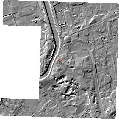 Shaded relief map of the ground around PE131AS, computed from Environment Agency LiDAR. The ground here sits at about 6 m above sea level and falls 8 m across the surrounding 800 m. Surface water reaching this point runs off ground lying to the east-south-east, 1.9 m higher.