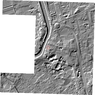 Shaded relief map of the ground around PE131AY, computed from Environment Agency LiDAR. The ground here sits at about 6 m above sea level and falls 8 m across the surrounding 800 m. Surface water reaching this point runs off ground lying to the east-north-east, 2.0 m higher.