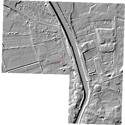 Shaded relief map of the ground around PE131AZ, computed from Environment Agency LiDAR. The ground here sits at about 4 m above sea level and falls 8 m across the surrounding 800 m. Surface water reaching this point runs off ground lying to the east-south-east, 2.4 m higher.