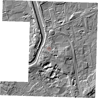Shaded relief map of the ground around PE131BA, computed from Environment Agency LiDAR. The ground here sits at about 6 m above sea level and falls 8 m across the surrounding 800 m. Surface water reaching this point runs off ground lying to the east-south-east, 1.6 m higher.