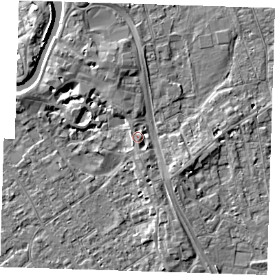 Shaded relief map of the ground around PE131BL, computed from Environment Agency LiDAR. The ground here sits at about 6 m above sea level and falls 12 m across the surrounding 800 m. Surface water reaching this point runs off ground lying to the south, 1.8 m higher.