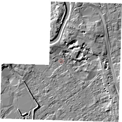 Shaded relief map of the ground around PE131HQ, computed from Environment Agency LiDAR. The ground here sits at about 4 m above sea level and falls 7 m across the surrounding 800 m. Surface water reaching this point runs off ground lying to the north-north-west, 2.9 m higher.