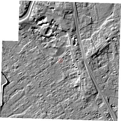 Shaded relief map of the ground around PE131HR, computed from Environment Agency LiDAR. The ground here sits at about 4 m above sea level and falls 7 m across the surrounding 800 m. Surface water reaching this point runs off ground lying to the north, 4.6 m higher.