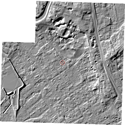 Shaded relief map of the ground around PE131HS, computed from Environment Agency LiDAR. The ground here sits at about 4 m above sea level and falls 7 m across the surrounding 800 m. Surface water reaching this point runs off ground lying to the north-west, 0.8 m higher.