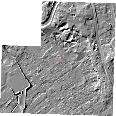 Shaded relief map of the ground around PE131HT, computed from Environment Agency LiDAR. The ground here sits at about 4 m above sea level and falls 7 m across the surrounding 800 m. Surface water reaching this point runs off ground lying to the east, 1.0 m higher.