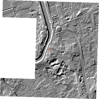 Shaded relief map of the ground around PE131HY, computed from Environment Agency LiDAR. The ground here sits at about 6 m above sea level and falls 8 m across the surrounding 800 m. Surface water reaching this point runs off ground lying to the east, 2.0 m higher.