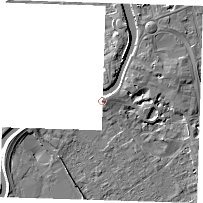 Shaded relief map of the ground around PE131JA, computed from Environment Agency LiDAR. The ground here sits at about 6 m above sea level and falls 7 m across the surrounding 800 m. Surface water reaching this point runs off ground lying to the east, 1.3 m higher.