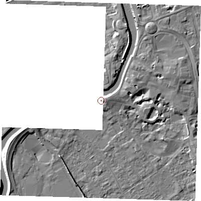 Shaded relief map of the ground around PE131JD, computed from Environment Agency LiDAR. The ground here sits at about 6 m above sea level and falls 7 m across the surrounding 800 m. Surface water reaching this point runs off ground lying to the east-north-east, 6.2 m higher.