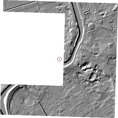 Shaded relief map of the ground around PE131JT, computed from Environment Agency LiDAR. and falls 8 m across the surrounding 800 m. Surface water reaching this point runs off ground lying to the east-north-east, 0.5 m higher.