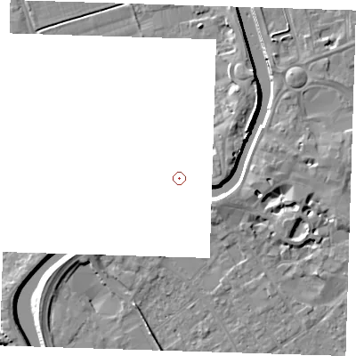 Shaded relief map of the ground around PE131JU, computed from Environment Agency LiDAR. and falls 8 m across the surrounding 800 m.