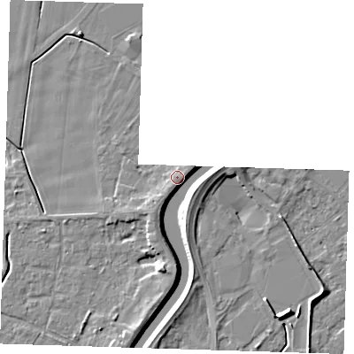 Shaded relief map of the ground around PE131JX, computed from Environment Agency LiDAR. The ground here sits at about 5 m above sea level and falls 6 m across the surrounding 800 m. Surface water reaching this point runs off ground lying to the east-north-east, 1.3 m higher.