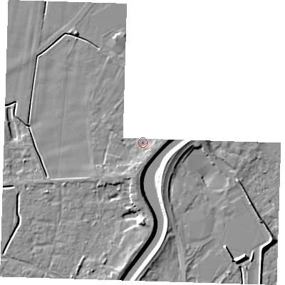 Shaded relief map of the ground around PE131LA, computed from Environment Agency LiDAR. The ground here sits at about 3 m above sea level and falls 6 m across the surrounding 800 m. Surface water reaching this point runs off ground lying to the east, 2.2 m higher.