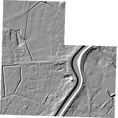 Shaded relief map of the ground around PE131LB, computed from Environment Agency LiDAR. The ground here sits at about 4 m above sea level and falls 6 m across the surrounding 800 m. Surface water reaching this point runs off ground lying to the east-south-east, 1.7 m higher.