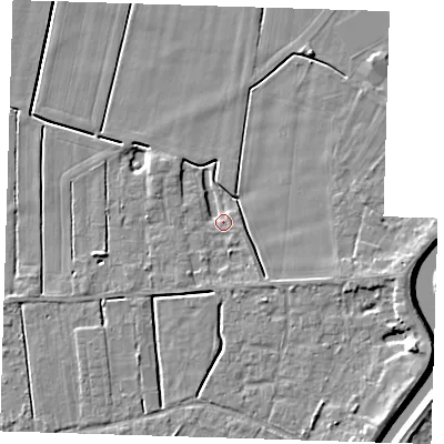Shaded relief map of the ground around PE131LD, computed from Environment Agency LiDAR. The ground here sits at about 2 m above sea level and falls 6 m across the surrounding 800 m. Surface water reaching this point runs off ground lying to the east-south-east, 3.6 m higher.