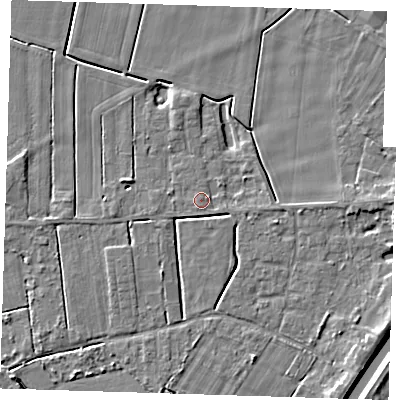 Shaded relief map of the ground around PE131LE, computed from Environment Agency LiDAR. The ground here sits at about 3 m above sea level and falls 5 m across the surrounding 800 m. Surface water reaching this point runs off ground lying to the east-north-east, 0.8 m higher.