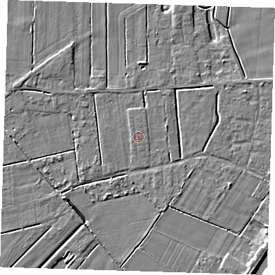 Shaded relief map of the ground around PE131LF, computed from Environment Agency LiDAR. The ground here sits at about 3 m above sea level and falls 5 m across the surrounding 800 m. Surface water reaching this point runs off ground lying to the north, 0.6 m higher.
