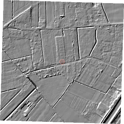 Shaded relief map of the ground around PE131LG, computed from Environment Agency LiDAR. The ground here sits at about 3 m above sea level and falls 6 m across the surrounding 800 m. Surface water reaching this point runs off ground lying to the north-east, 2.5 m higher.