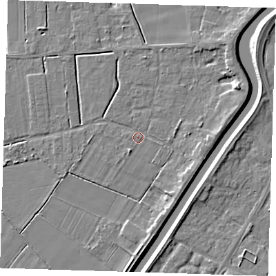 Shaded relief map of the ground around PE131LJ, computed from Environment Agency LiDAR. The ground here sits at about 3 m above sea level and falls 6 m across the surrounding 800 m. Surface water reaching this point runs off ground lying to the east-north-east, 4.3 m higher.