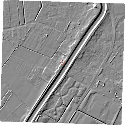 Shaded relief map of the ground around PE131LL, computed from Environment Agency LiDAR. The ground here sits at about 3 m above sea level and falls 6 m across the surrounding 800 m. Surface water reaching this point runs off ground lying to the east-north-east, 2.2 m higher.
