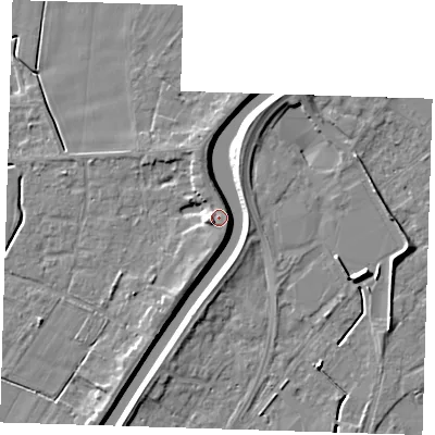 Shaded relief map of the ground around PE131LN, computed from Environment Agency LiDAR. The ground here sits at about 5 m above sea level and falls 6 m across the surrounding 800 m. Surface water reaching this point runs off ground lying to the south-west, 2.8 m higher.