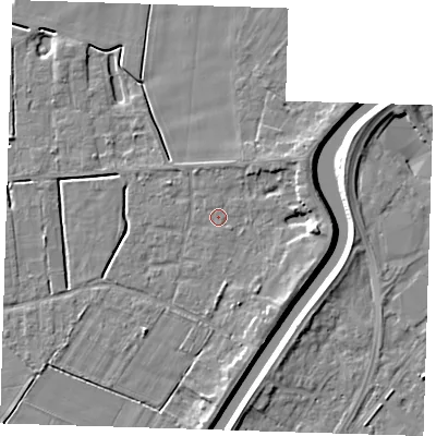 Shaded relief map of the ground around PE131LT, computed from Environment Agency LiDAR. The ground here sits at about 3 m above sea level and falls 6 m across the surrounding 800 m. Surface water reaching this point runs off ground lying to the east-north-east, 2.7 m higher.
