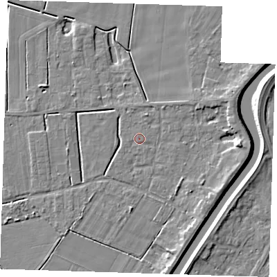 Shaded relief map of the ground around PE131LU, computed from Environment Agency LiDAR. The ground here sits at about 3 m above sea level and falls 6 m across the surrounding 800 m. The ground contributing surface water to this point lies to the south-south-east.