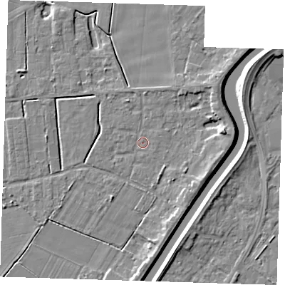 Shaded relief map of the ground around PE131LX, computed from Environment Agency LiDAR. The ground here sits at about 3 m above sea level and falls 6 m across the surrounding 800 m. Surface water reaching this point runs off ground lying to the north, 1.3 m higher.
