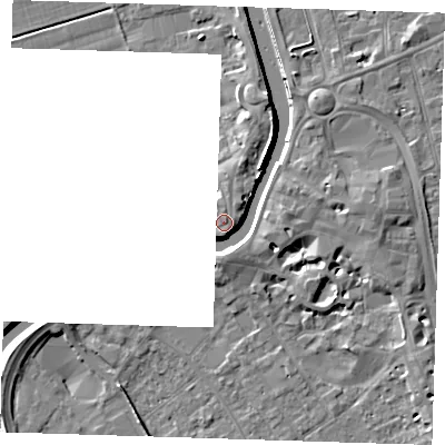Shaded relief map of the ground around PE131NA, computed from Environment Agency LiDAR. The ground here sits at about 6 m above sea level and falls 8 m across the surrounding 800 m. Surface water reaching this point runs off ground lying to the north-north-east, 0.5 m higher.