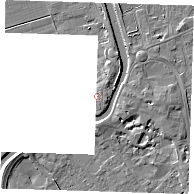 Shaded relief map of the ground around PE131NB, computed from Environment Agency LiDAR. The ground here sits at about 5 m above sea level and falls 8 m across the surrounding 800 m. Surface water reaching this point runs off ground lying to the south-south-east, 1.1 m higher.