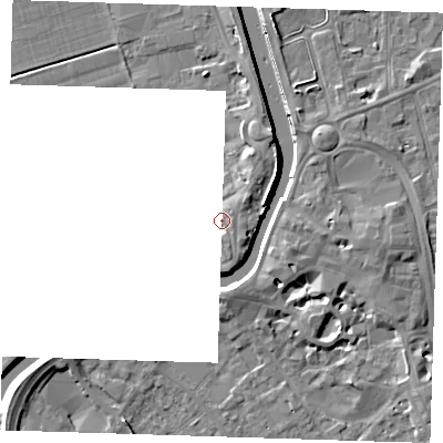 Shaded relief map of the ground around PE131ND, computed from Environment Agency LiDAR. The ground here sits at about 6 m above sea level and falls 8 m across the surrounding 800 m. Surface water reaching this point runs off ground lying to the south-south-east, 1.4 m higher.