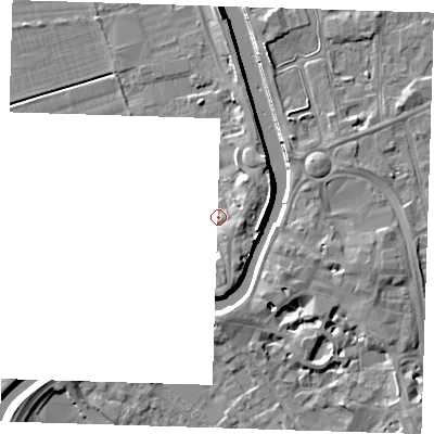 Shaded relief map of the ground around PE131NF, computed from Environment Agency LiDAR. The ground here sits at about 5 m above sea level and falls 8 m across the surrounding 800 m. Surface water reaching this point runs off ground lying to the south, 1.9 m higher.