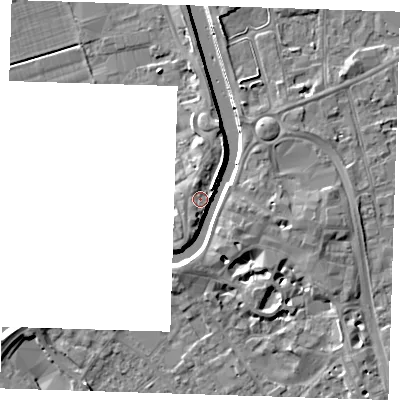 Shaded relief map of the ground around PE131NJ, computed from Environment Agency LiDAR. The ground here sits at about 6 m above sea level and falls 8 m across the surrounding 800 m. Surface water reaching this point runs off ground lying to the east, 7.1 m higher.