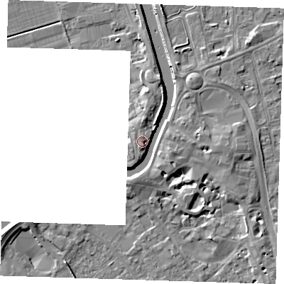 Shaded relief map of the ground around PE131NN, computed from Environment Agency LiDAR. The ground here sits at about 6 m above sea level and falls 8 m across the surrounding 800 m. Surface water reaching this point runs off ground lying to the east, 7.1 m higher.