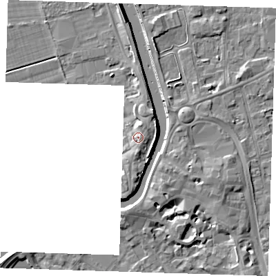 Shaded relief map of the ground around PE131NP, computed from Environment Agency LiDAR. The ground here sits at about 6 m above sea level and falls 8 m across the surrounding 800 m. Surface water reaching this point runs off ground lying to the south, 1.7 m higher.