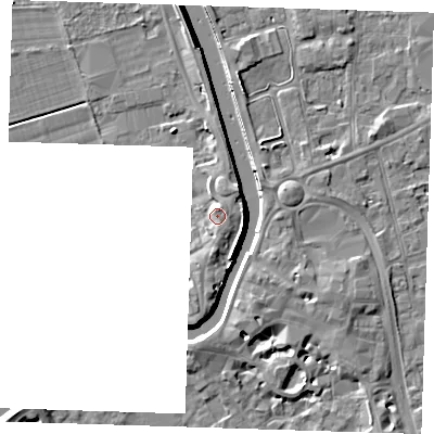 Shaded relief map of the ground around PE131NR, computed from Environment Agency LiDAR. The ground here sits at about 6 m above sea level and falls 8 m across the surrounding 800 m. Surface water reaching this point runs off ground lying to the north-north-west, 2.2 m higher.