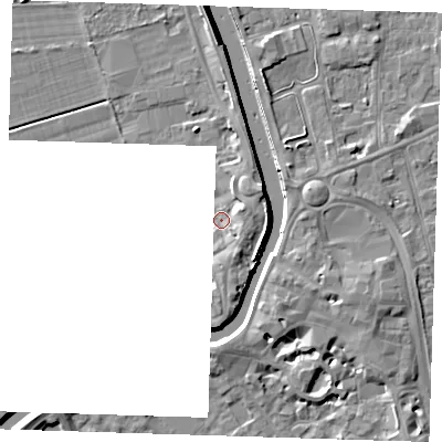 Shaded relief map of the ground around PE131NW, computed from Environment Agency LiDAR. The ground here sits at about 4 m above sea level and falls 8 m across the surrounding 800 m. Surface water reaching this point runs off ground lying to the south-south-east, 2.6 m higher.