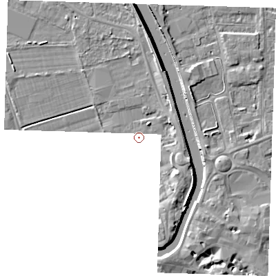 Shaded relief map of the ground around PE131NX, computed from Environment Agency LiDAR. The ground here sits at about 4 m above sea level and falls 8 m across the surrounding 800 m. The ground contributing surface water to this point lies to the north-north-west.