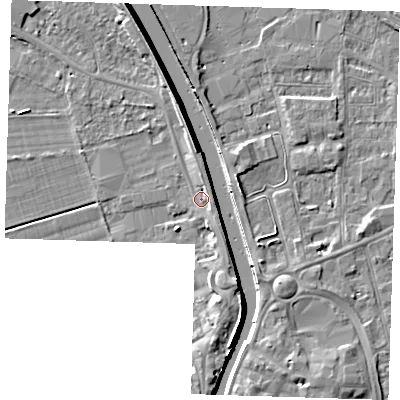 Shaded relief map of the ground around PE131PE, computed from Environment Agency LiDAR. The ground here sits at about 4 m above sea level and falls 8 m across the surrounding 800 m. Surface water reaching this point runs off ground lying to the north, 2.3 m higher.