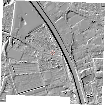 Shaded relief map of the ground around PE131PH, computed from Environment Agency LiDAR. The ground here sits at about 4 m above sea level and falls 7 m across the surrounding 800 m. Surface water reaching this point runs off ground lying to the north, 3.2 m higher.