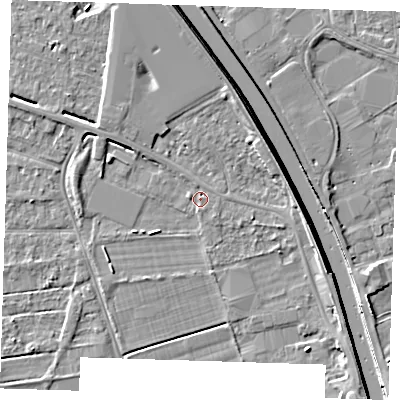 Shaded relief map of the ground around PE131PJ, computed from Environment Agency LiDAR. The ground here sits at about 4 m above sea level and falls 7 m across the surrounding 800 m. Surface water reaching this point runs off ground lying to the south, 1.2 m higher.