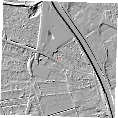 Shaded relief map of the ground around PE131PL, computed from Environment Agency LiDAR. The ground here sits at about 3 m above sea level and falls 7 m across the surrounding 800 m. Surface water reaching this point runs off ground lying to the west, 1.1 m higher.