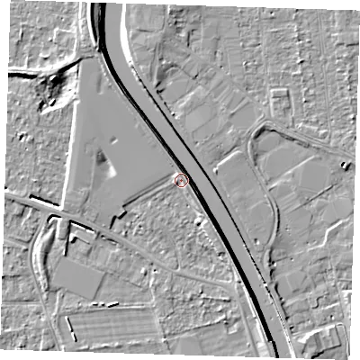 Shaded relief map of the ground around PE131PP, computed from Environment Agency LiDAR. The ground here sits at about 5 m above sea level and falls 7 m across the surrounding 800 m. Surface water reaching this point runs off ground lying to the south-east, 6.4 m higher.