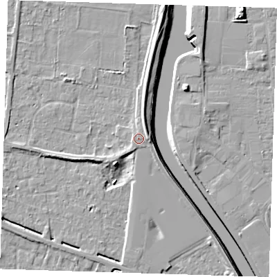 Shaded relief map of the ground around PE131PT, computed from Environment Agency LiDAR. The ground here sits at about 6 m above sea level and falls 9 m across the surrounding 800 m. Surface water reaching this point runs off ground lying to the east, 1.6 m higher.